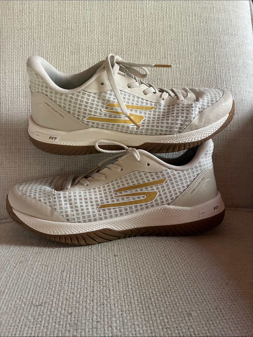 Skechers White and Gold Mesh Pickleball Sneakers